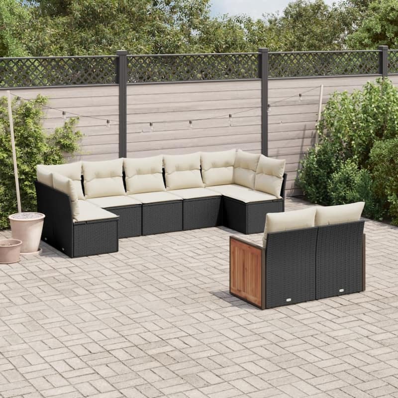vidaXL Patio Sofa Set with Cushions Outdoor Conversation Furniture Poly Rattan - Black and cream without table - 24.4 x 24.4 x 27.2 in