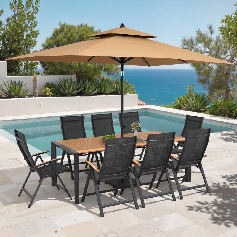 9/11-Piece Outdoor Patio Dining Set Aluminum Dining Table and Chairs w/10 ft Market Umbrella and Base with Wheels - Set of 11 - Brown Table with Tan Umbrella