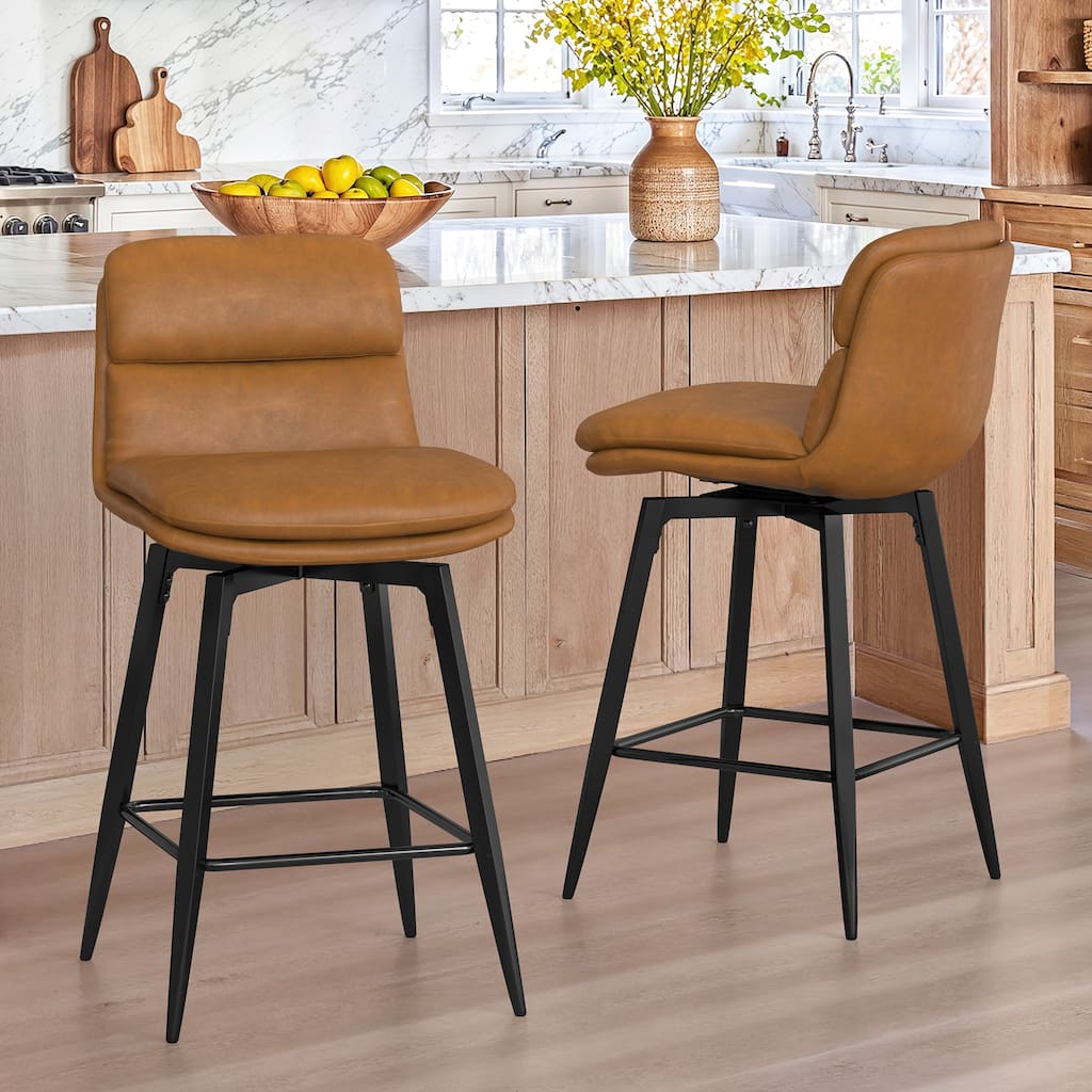 Upholstered Faux Leather Bar Stools with Back and Metal Legs Set of 2/3/4, 26" H Seat Height, 360° Swivel Bar Stools Brown