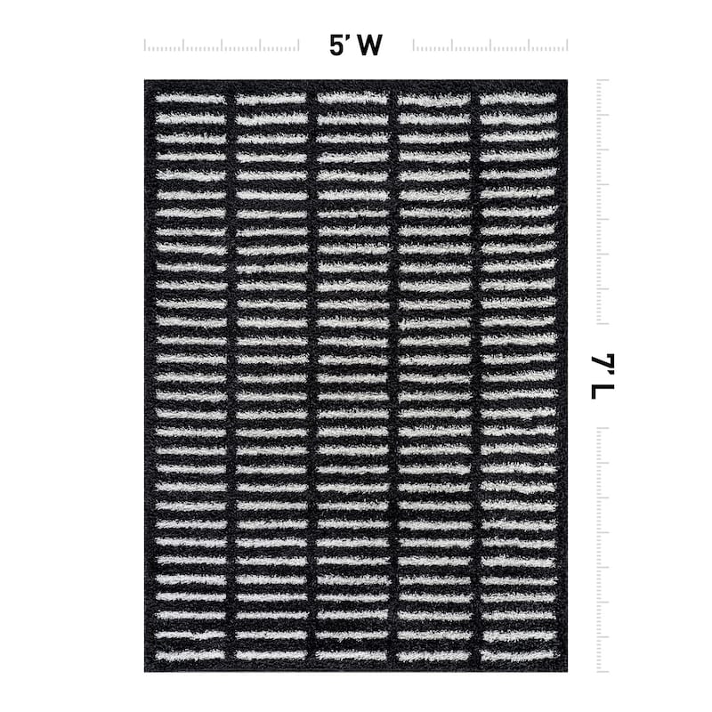 Bohemian Stripe Lines Shag Rug - Textured Surface - Anthracite Dark Gray - Easy to Clean