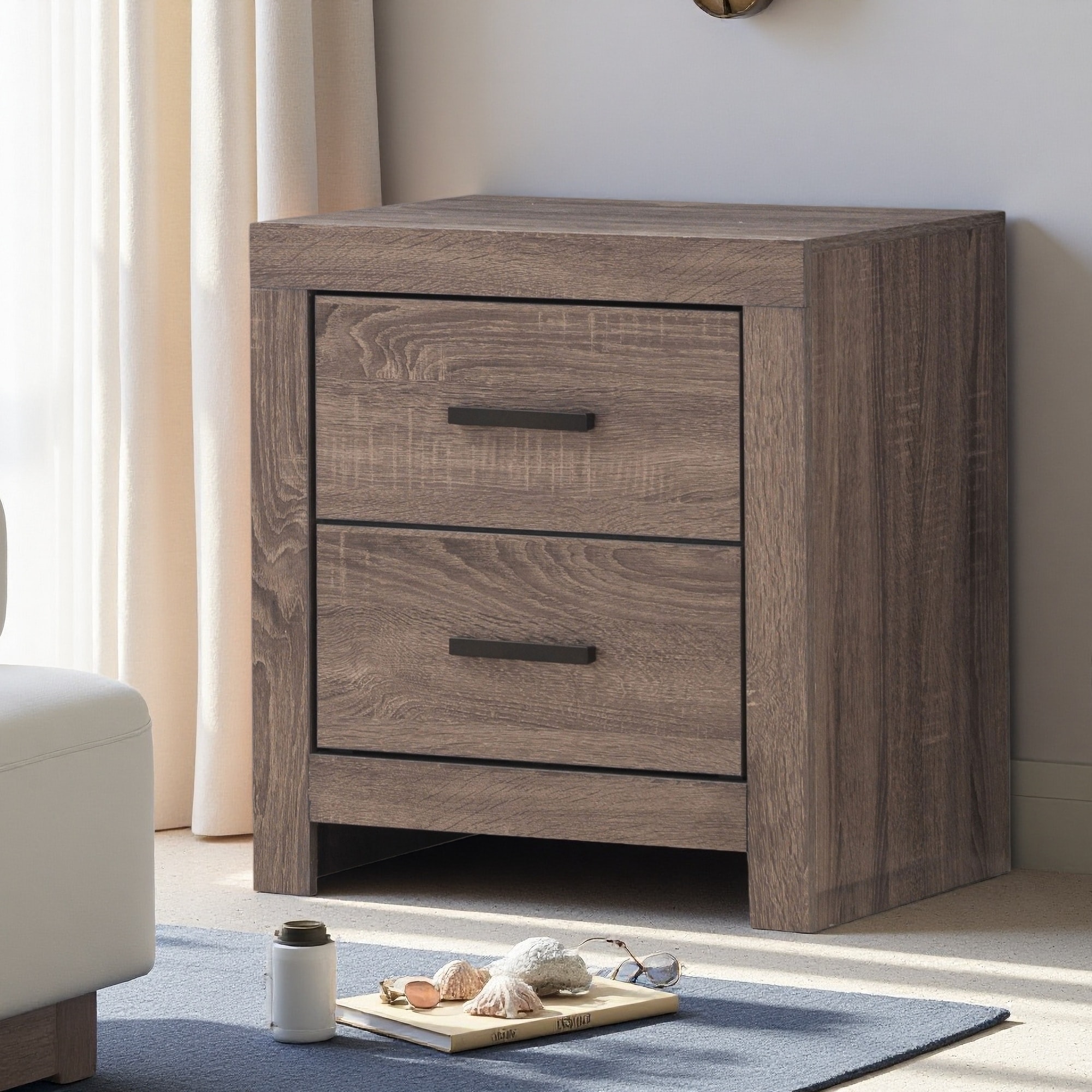 21.75"L MDF 2-Drawer Nightstand with Matte Bronze Handles, Modern Rectangular Bedside Table