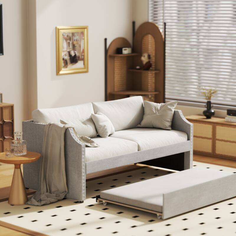 Twin Daybed with Trundle Day Bed with Button Headboard & Armrests