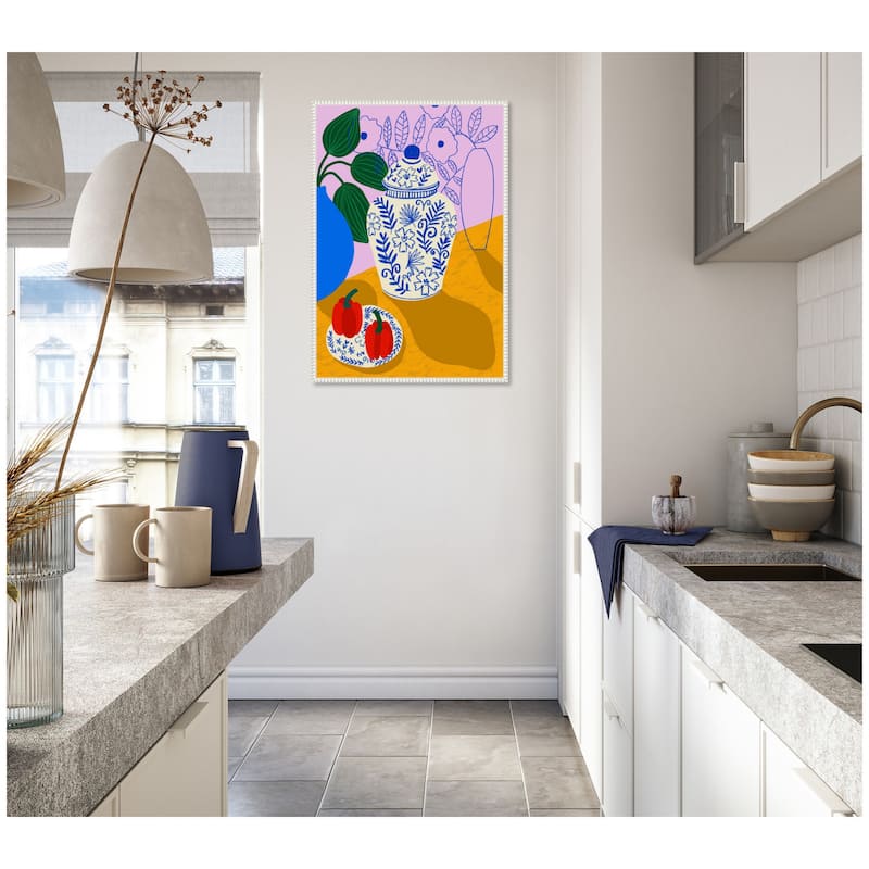 Kate and Laurel Porcelain and Peppers by Teresa Rego Framed Canvas Wall Art Print