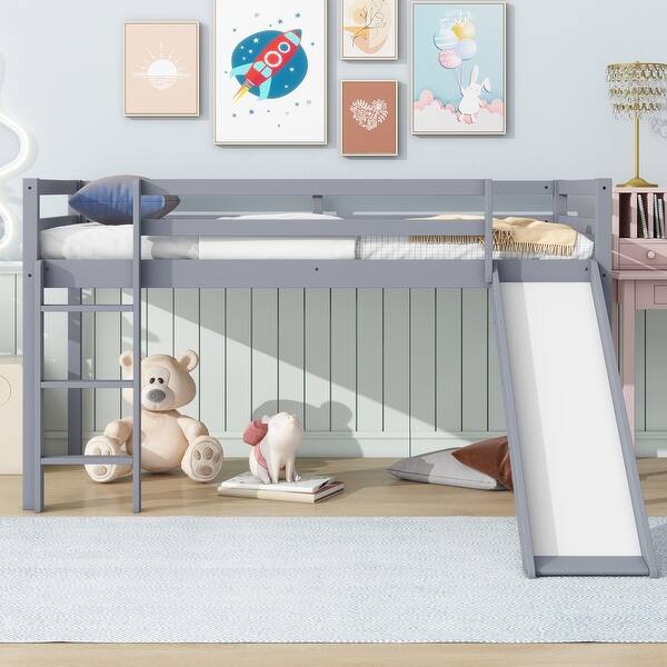 slide 2 of 28, Twin Low Loft Bed with Slide, Ladder, Safety Guardrails, Rubber Wood Twin Loft Bed