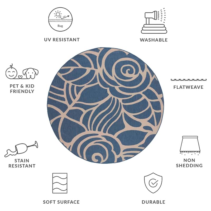 SAFAVIEH Courtyard Fany Indoor /Outdoor Waterproof Patio Backyard Rug - 7'10" Round - Blue/Beige