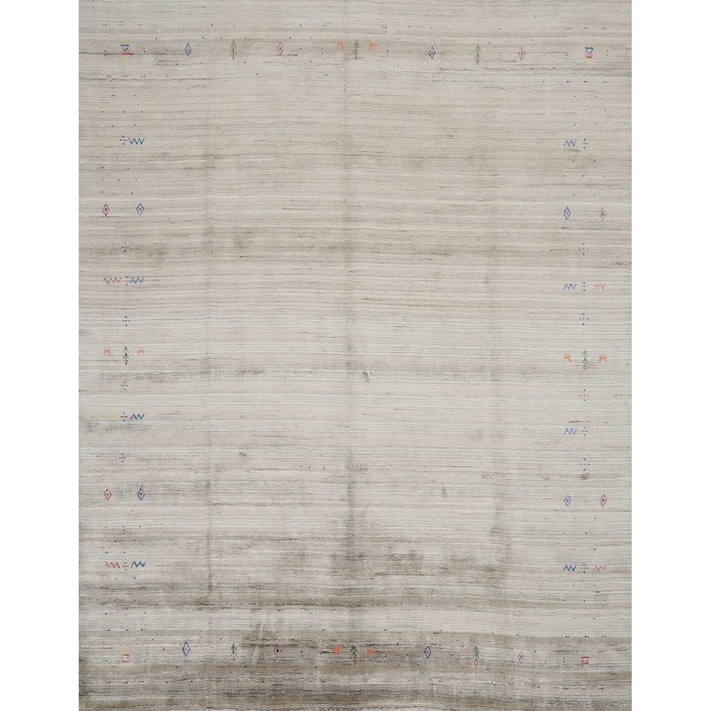 Hand Knotted Oriental Viscose Silk Carpet Tribal Animal Pictorial Beige & Ivories Gabbeh Area Rug - 9' 1'' X 9' 4''