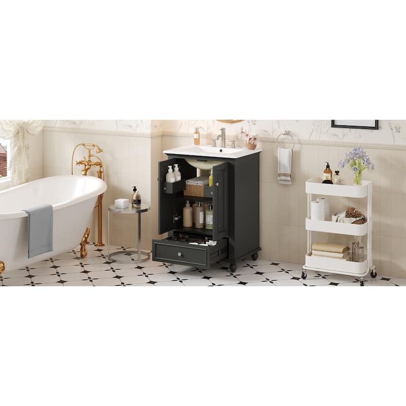 24"Bathroom Vanity with Ceramic Sink, Storage Cabinet with Soft Closing Doors, Bathroom Cabinet with Drawer and Drawer Dividers