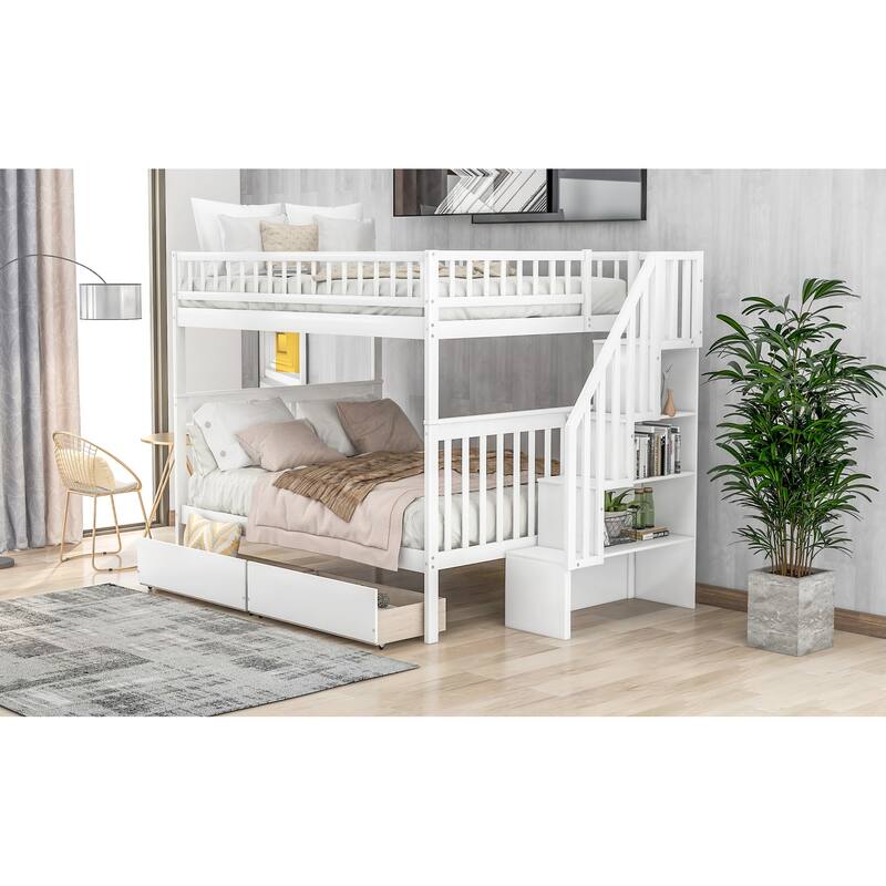 White Full Over Full Bunk Bed with Storage Drawers and Safety Rails