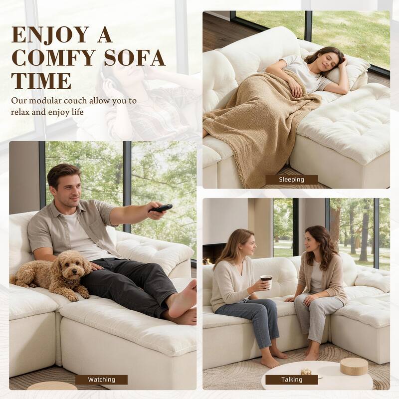 Rossetta 4-Seater Chenille Upholstery Modular Convertible Design Generous Seating Cushioned Sofa with 2 Versatile Ottomans