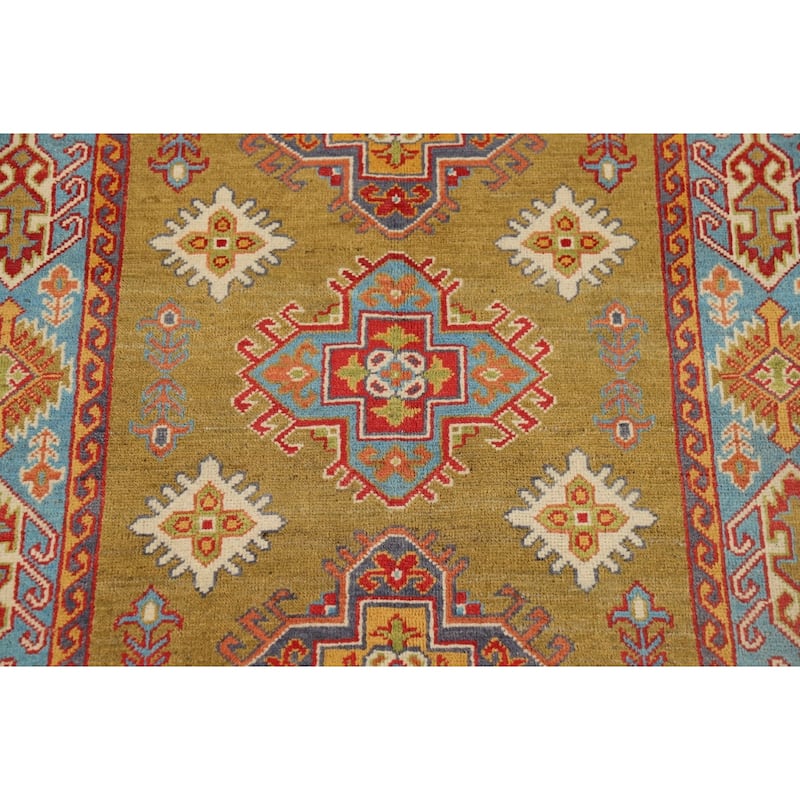 Kazak Accent Rug Handmade Yellow Geometric Wool Carpet - 3'4" x 4'10"