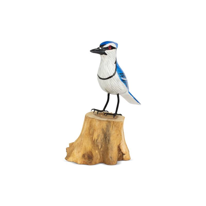 Wood Blue Jay Figurine - Hand Carved Songbird Sculpture, Nature Inspired Bird Decor - 7.5" tall x 5" wide x 3" deep