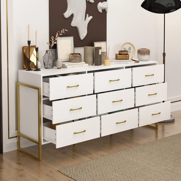 Timechee 61.4"W Modern Black Dresser with 9 Spacious Drawers - Gold Handles White