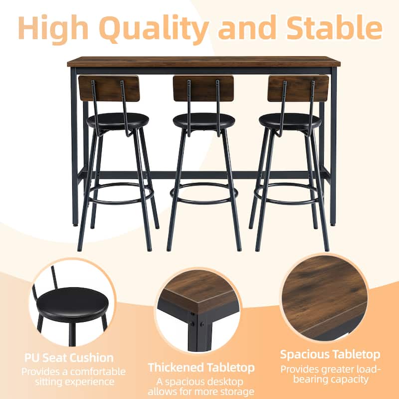 Bar Table and Chairs Set for 3, 4 Piece Industrial Dining Table Set with 3 PU Upholstered Bar Stools