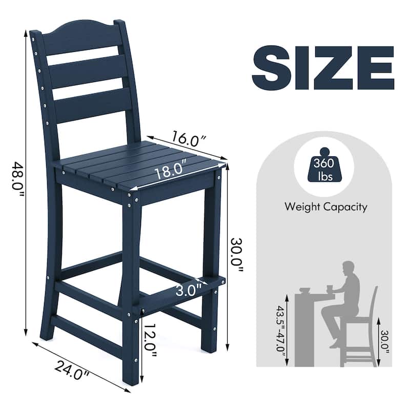 Outdoor 30 Inch Bar Stool HDPE with Backrest and Footrest - 24" x 18" x 48"