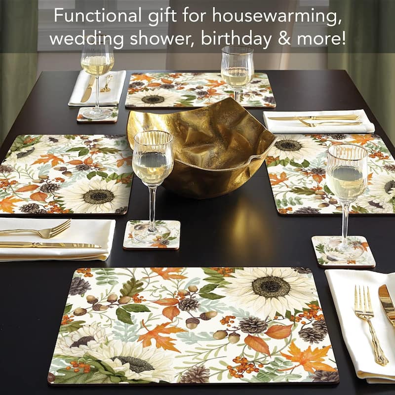 Farmhouse Fall Premium Decorative Hardboard Cork Back Placemats 4 Pack Manufactured in The USA Heat Tolerant