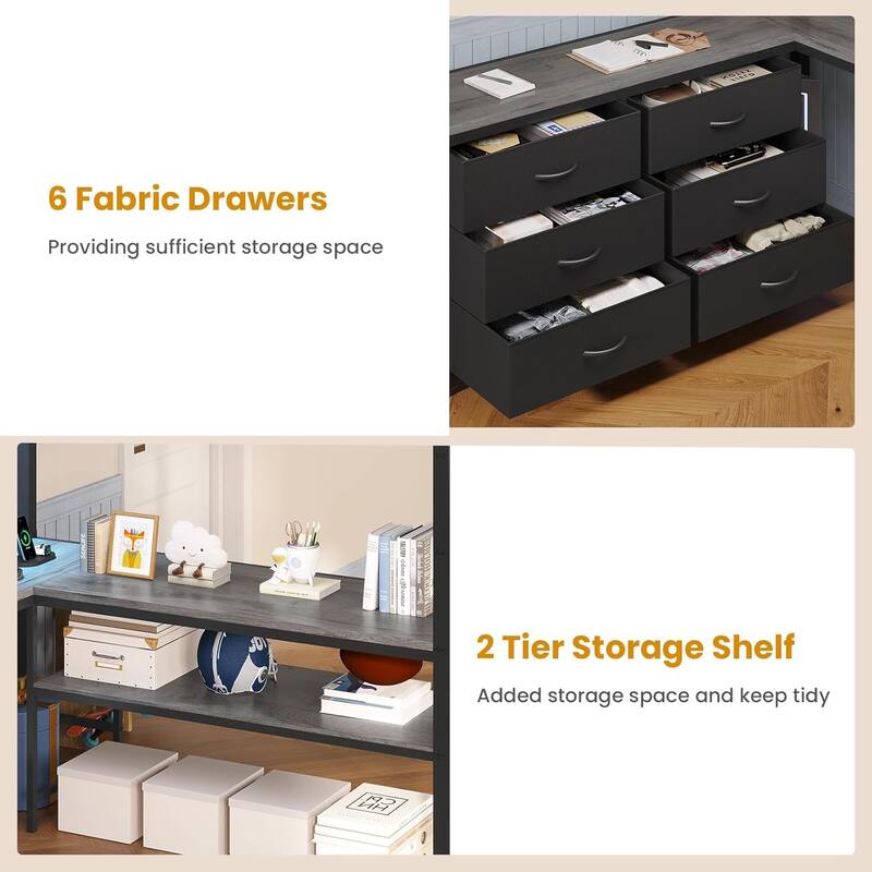 Loft Bed with Full Size U-Shaped Desk 6 Drawers Power Outlet 2 Storage Shelves