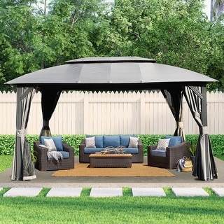 Gazebo 10x14FT, Outdoor Gazebo with Double Roofs, Privacy Curtains, Mosquito Nettings, Heavy Duty Metal Frame Party Tent