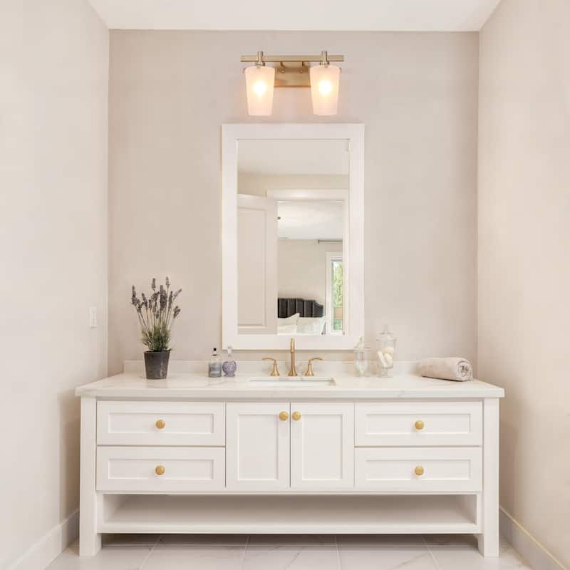 Modern Glam 2-light Bathroom Vanity Lights Mid-century Gold Cone Frosted Glass Wall Sconces - L 14"x W 6.5"x H 9.5"