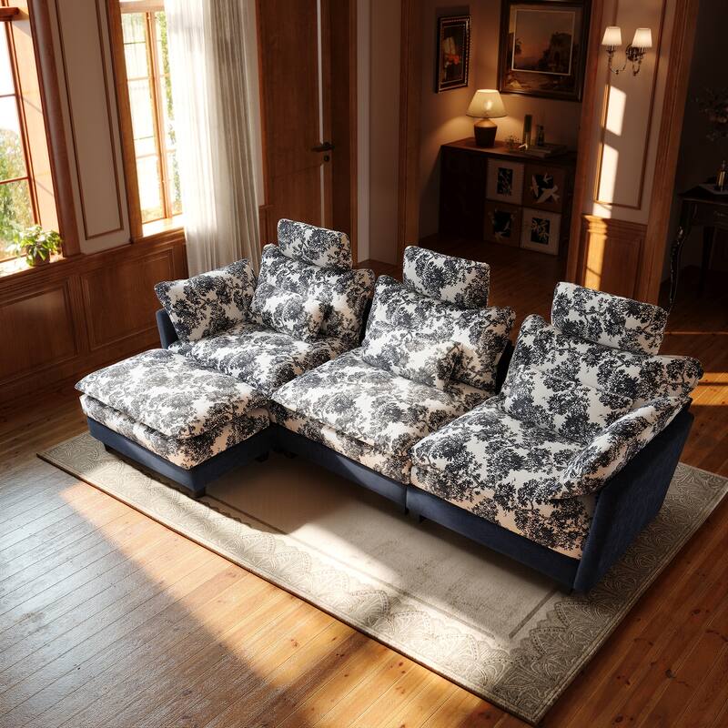 Blue Chenille Sectional Sofa with Floral Fabric, 4-Seater L-Shaped Couch with Adjustable Headrests, Pillows, and Chaise Lounge