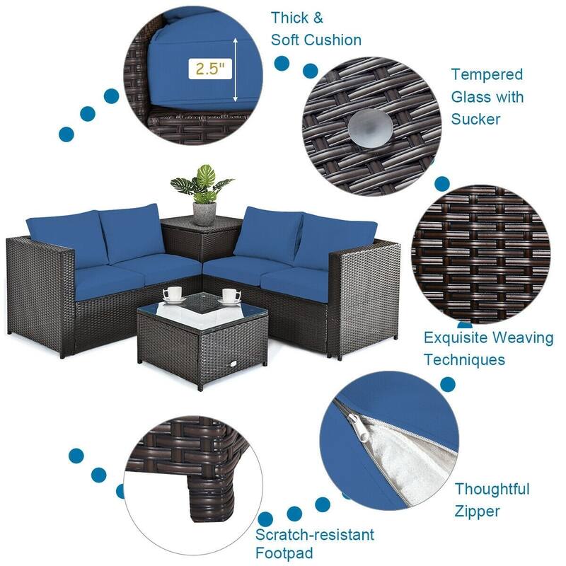 4 Pcs Outdoor Patio Rattan Furniture Set with Cushioned Loveseat and Storage Box