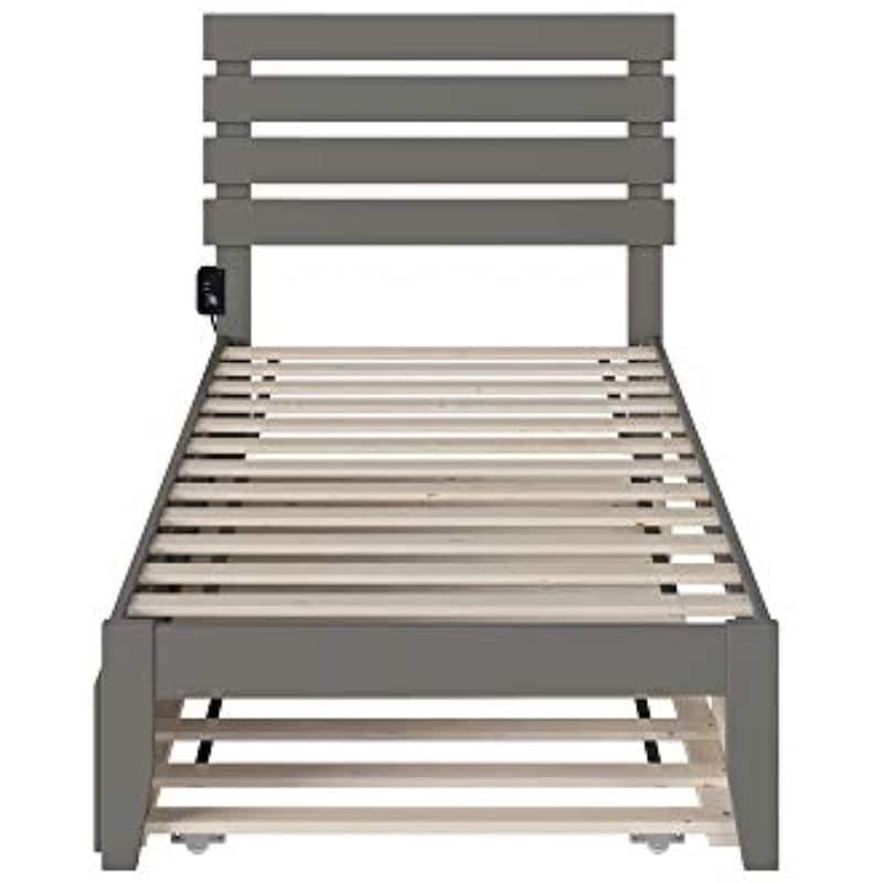 Twin Bed with Trundle & USB Charger - Mid-Century Style, Solid Wood Frame, Grey Finish, Strong Support
