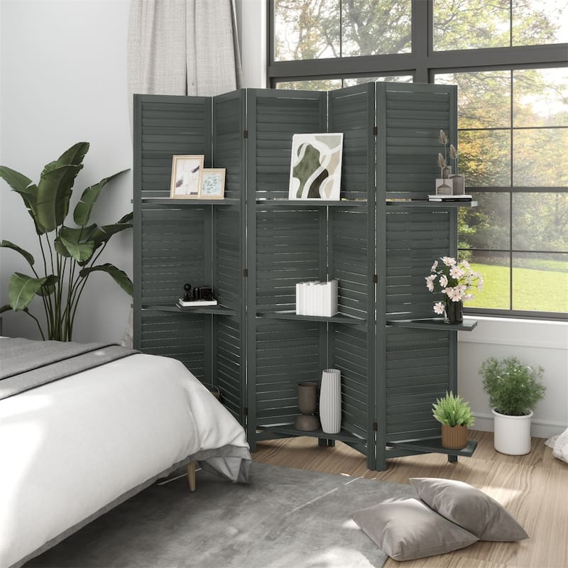 78.75" Wide 5-Panel Foldable Paulownia Wood Room Divider Screen with Built-In Shelves - 78.75" L x 67" H x 0.75" T