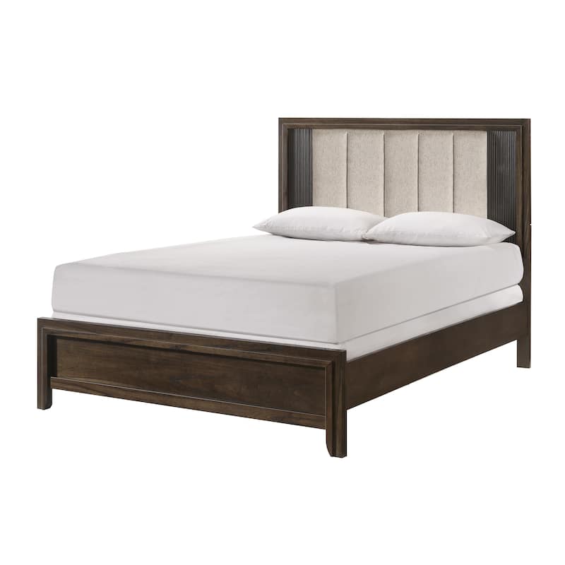 Queen Size Bed with Rich Wood Finish, Plush Upholstered Headboard, Rustic Charm, Brown - Brown