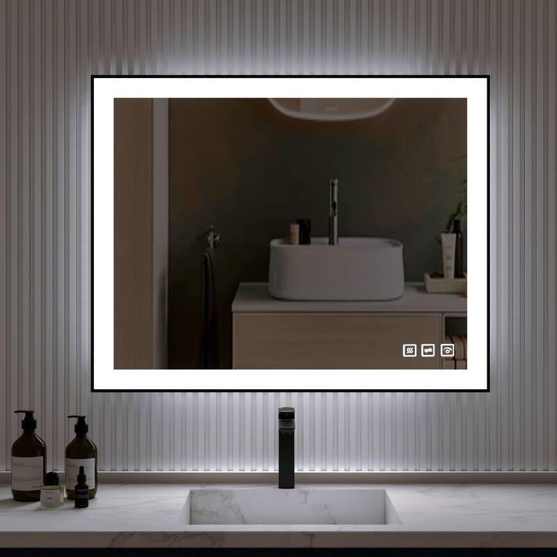 Organnice Rectangular Framed LED Anti-Fog Bathroom Wall Mirror in Black with Backlit and Front Light - 40"*32"