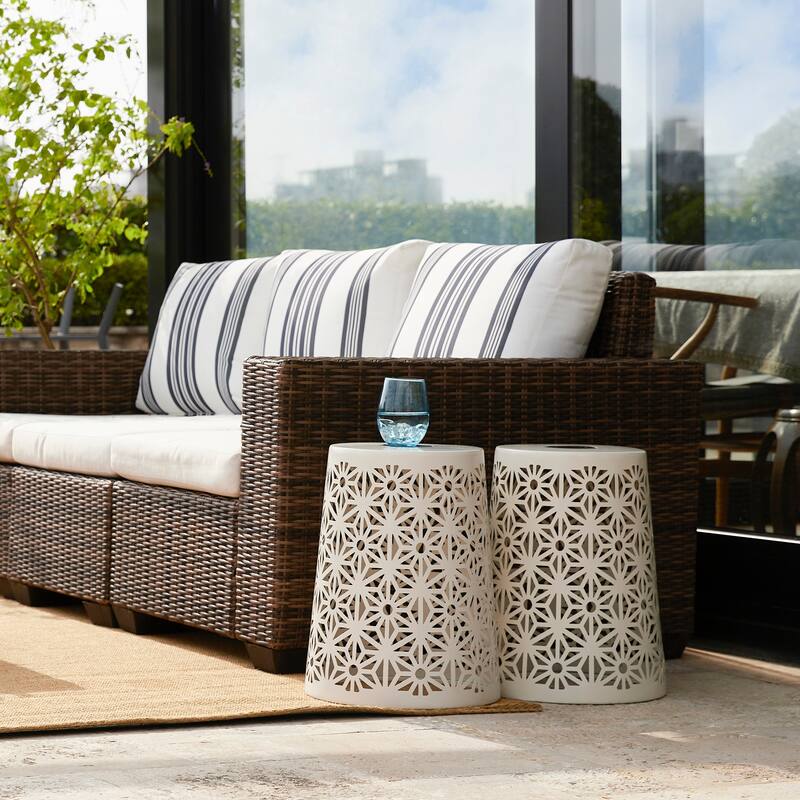 Glitzhome 17.5"H Set of 2 Cutout Geometric Pattern Solar Powdered LED Light Garden Stool