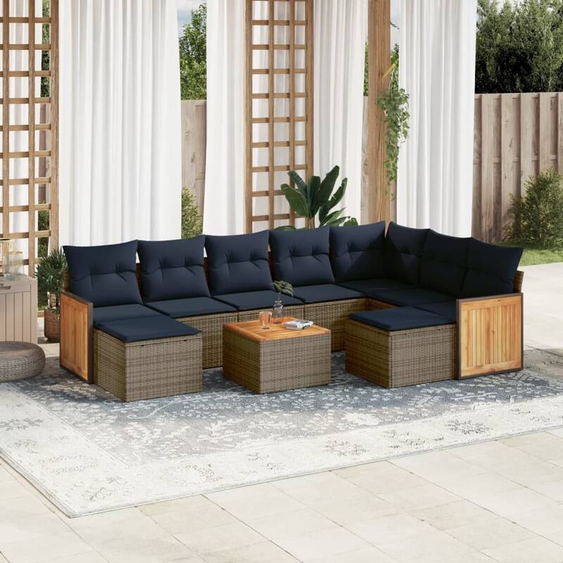 vidaXL 9/10 Piece Patio Sofa Set with Cushions Black/Gray Poly Rattan - 21.7 x 24.4 x 27.2 - Gray With table