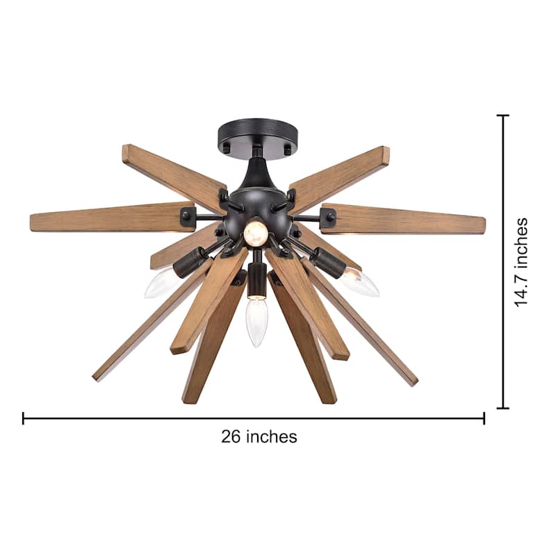 Bernice 4-Light Antique Black Finish Sputnik Natural Wood Flush Mount