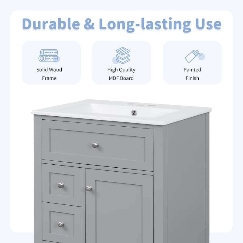 24" Bathroom Vanity with Sink, MDF & Rubberwood Construction, 3 Drawers & Cabinet with Adjustable Shelves