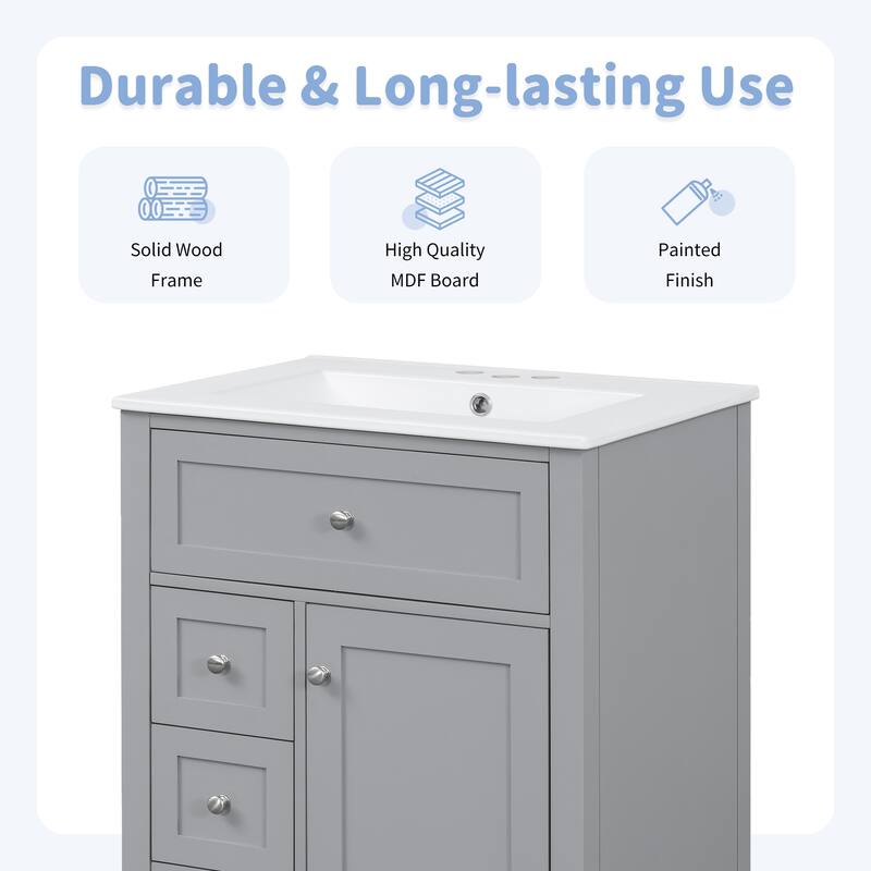 Roomfitters 24" Bathroom Vanity with Sink, Solid Wood Legs, 4 Drawers & Cabinet with Adjustable Shelf