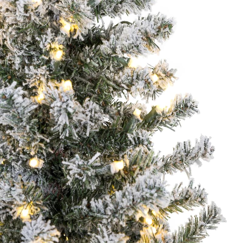 Pre-Lit Snow Flocked Slim Pencil Christmas Tree w/ LED Lights, Stand ...