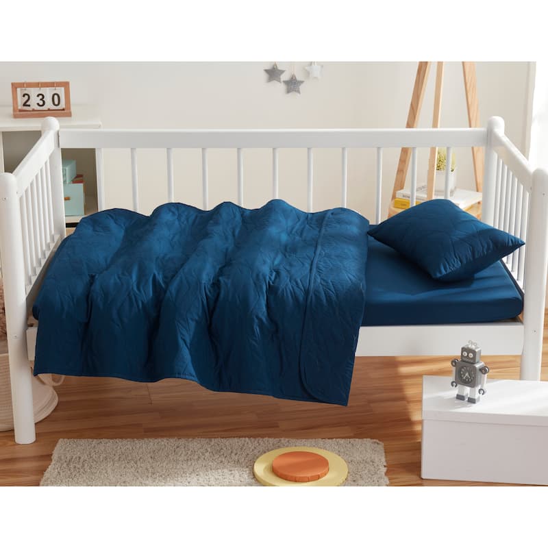 Clara Clark Ellipse Weave Toddler Bedding Set, 3PC Bedspread Set - All Season Quilted Comforter, Fitted Sheet, and Pillow Sham - Navy Blue
