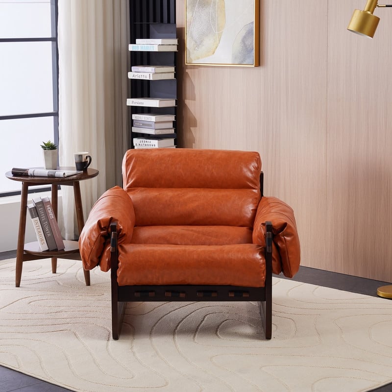 Vintage Orange Medieval Modern Lounge Chair - Removable Armrests, Waxed Leather & Rubberwood Frame