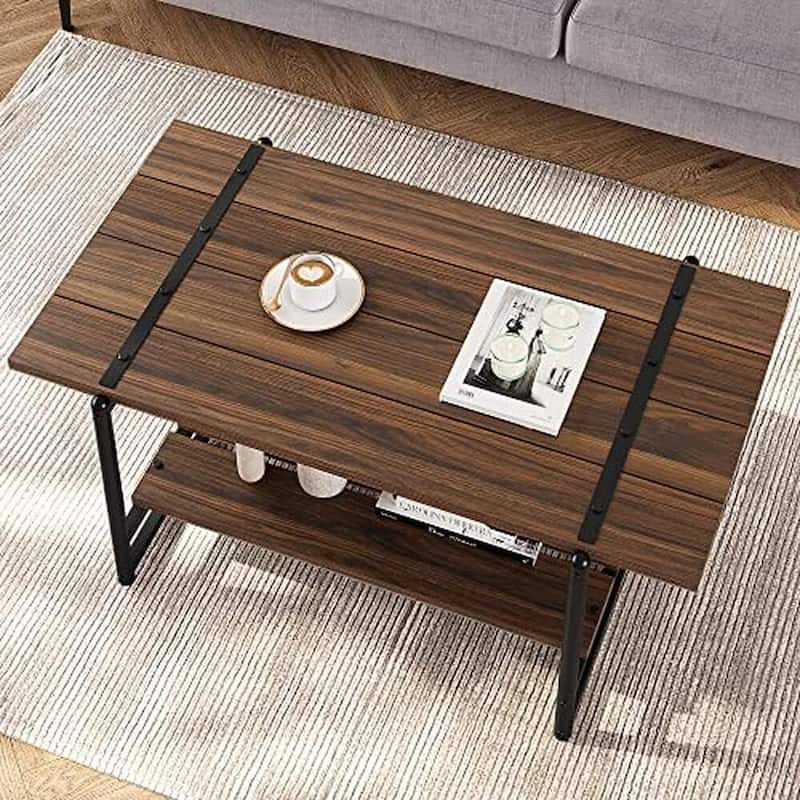 2-Tier Farmhouse 41'' Large Wood Coffee Table with Shelf
