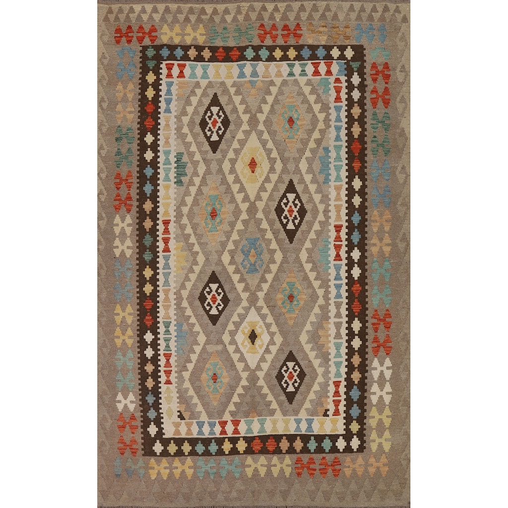 Hand Woven Oriental 100% Wool Carpet Southwestern Geometric Brown Kilim Area Rug - 9' 6'' X 6' 10''