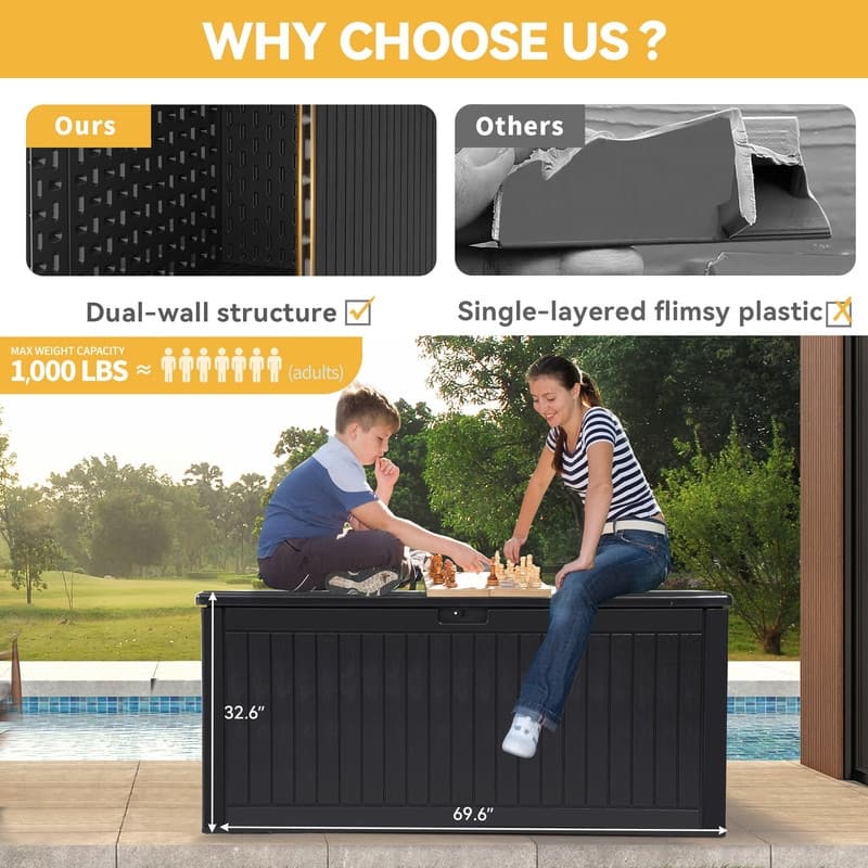260 Gallon Outdoor Patio Deck Box, Large Double-Wall Resin Storage Box with Divider&Side Handles Backyard, Waterproof&Lockable