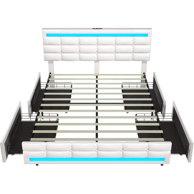 LED Bed Frame Platform Bed 2 USB Ports 4 Storage Drawers