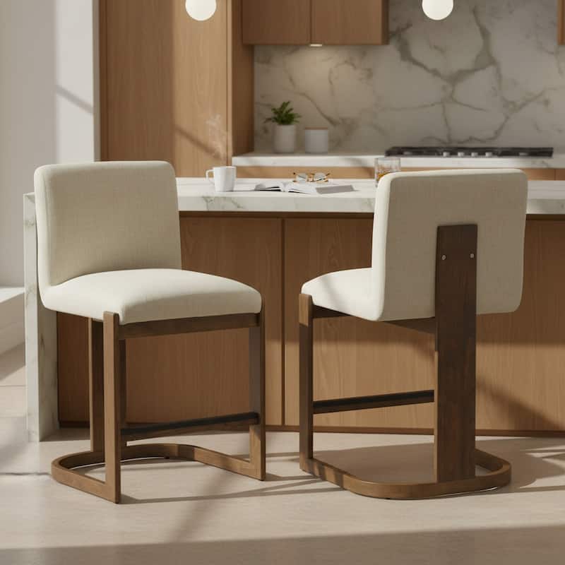 Christopher Knight Home - Modern Linen Upholstered Counter Height Bar Stools with Solid Wood Legs & Square Backrest, Set of 2 - Beige+Walnut