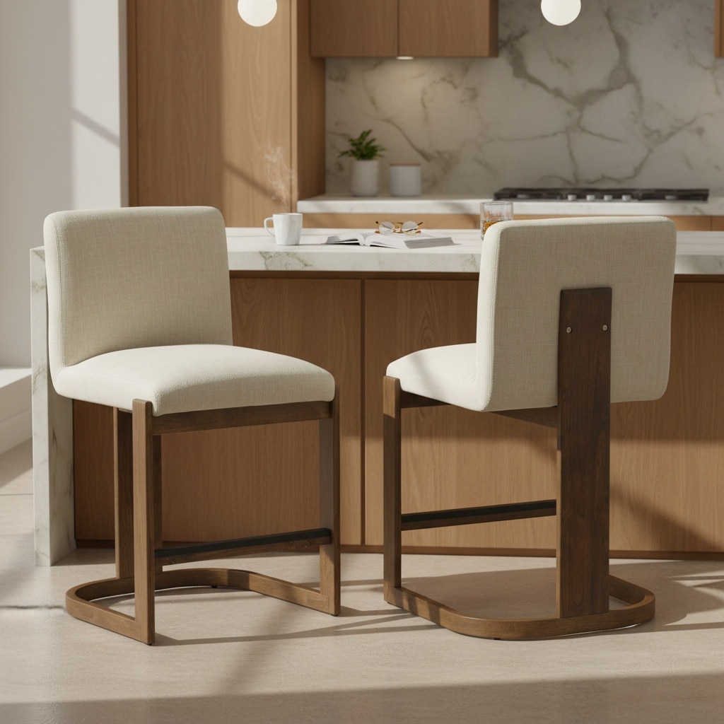 Christopher Knight Home - Modern Set of 2 Counter Height Bar Stools with Solid Wood Legs, Linen Upholstered Seat & Backrest