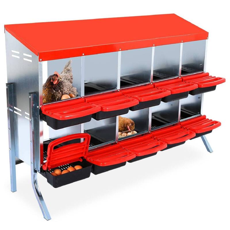Nesting Boxes for Chickens with Lid Cover - Red 10 Compartments with Legs