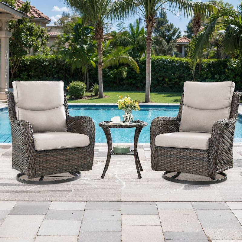 3 Pieces Outdoor Swivel Glider Rocker Chairs Table Set - Beige - Brown