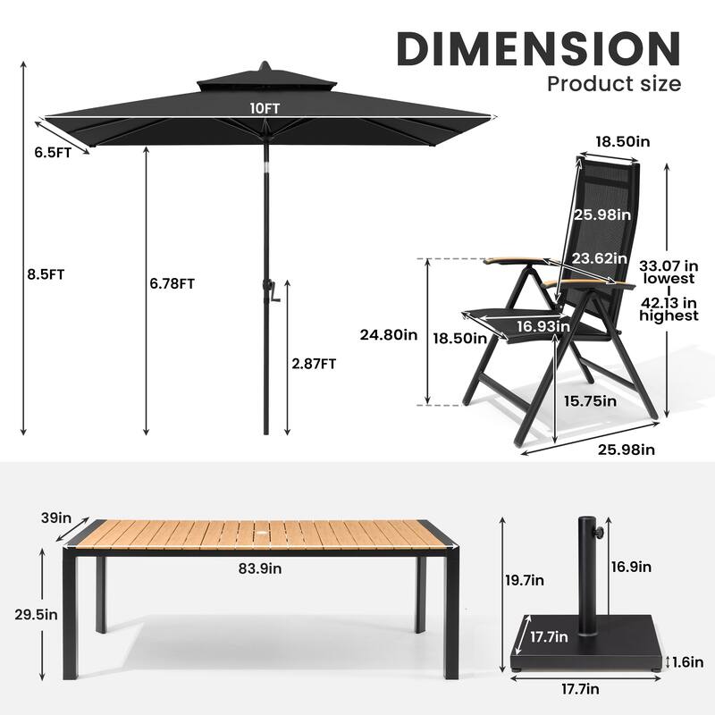 9/11-Piece Outdoor Patio Dining Set Aluminum Dining Table and Chairs w/10 ft Market Umbrella and Base