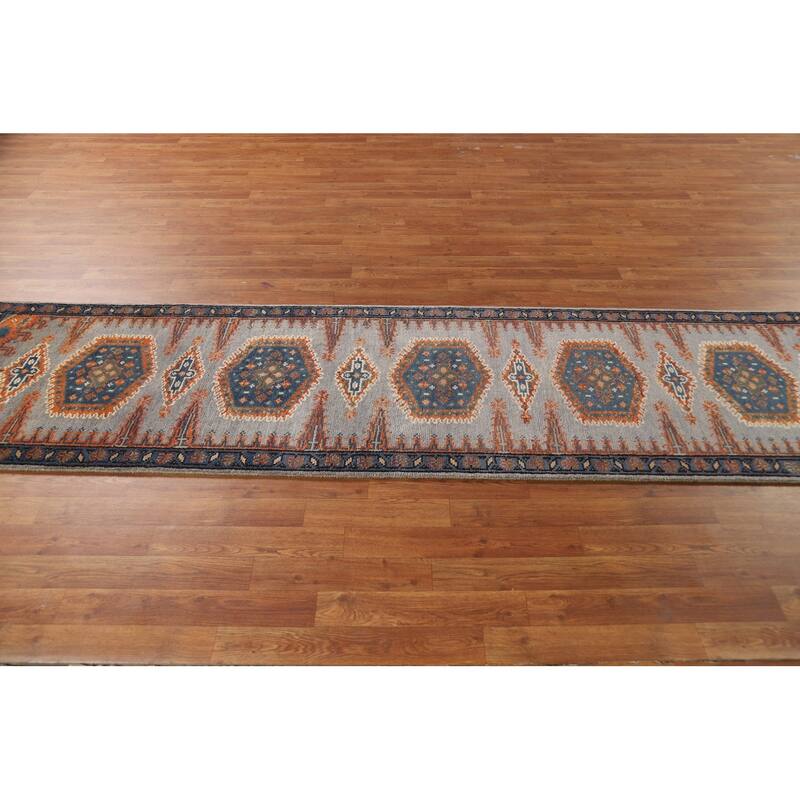 Geometric Viss Indian Runner Rug Handmade Gray Wool Carpet - 2'6"x 9'7"