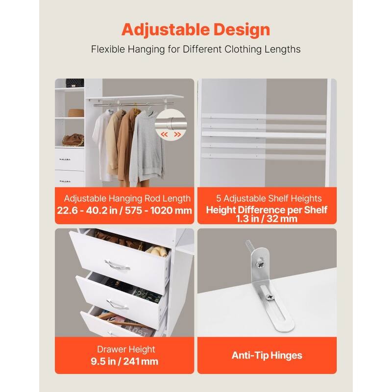 White Wooden 3 Drawers Closet Organizer with 12 Compartments Adjustable Rods for Large Storage - 95.7” x 16” x 75”