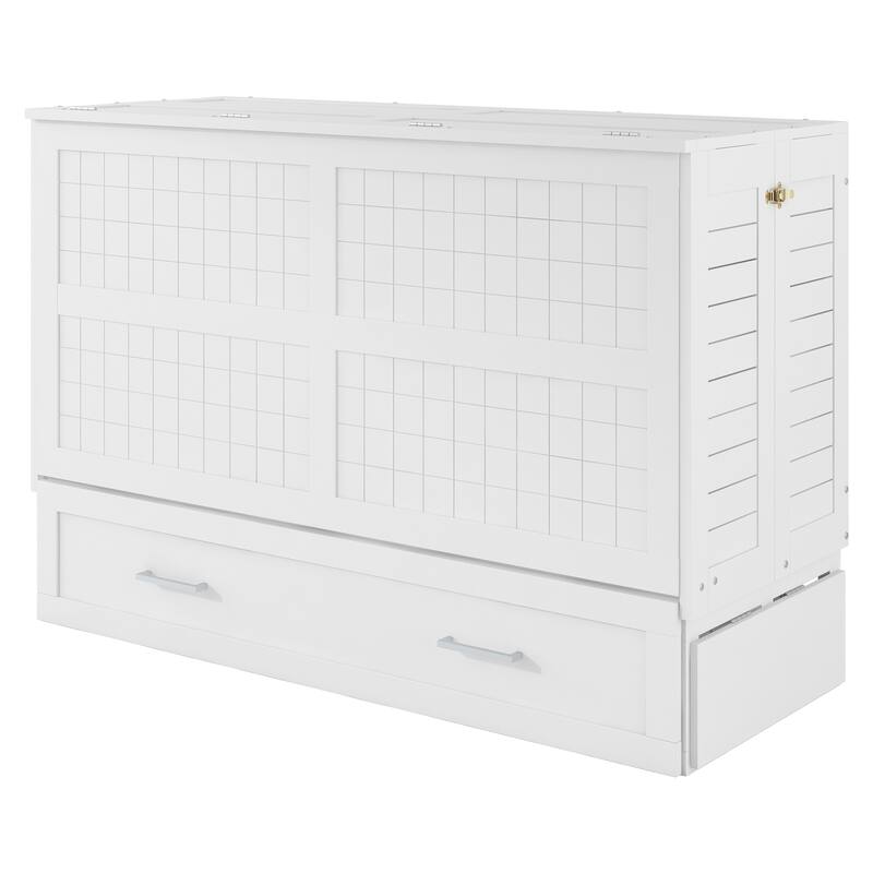Queen Size Mobile Murphy Bed with Large Storage Drawer, 2 Side Shelves, and Foldable Design