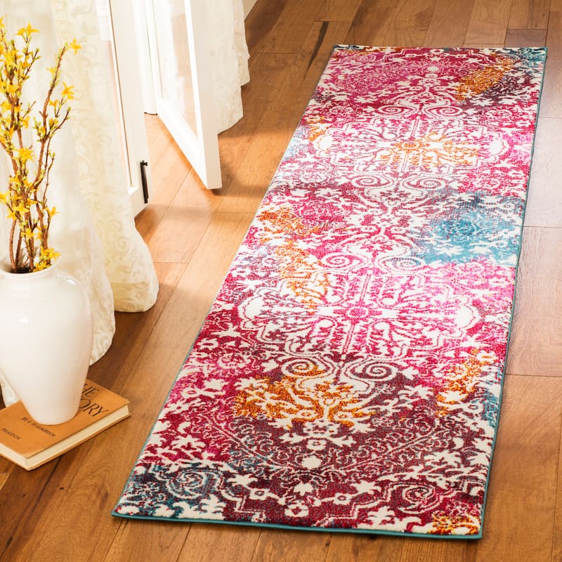 SAFAVIEH Watercolor Alani Modern Abstract Medallion Rug - 2'3" x 8' Runner - Ivory/Fuchsia