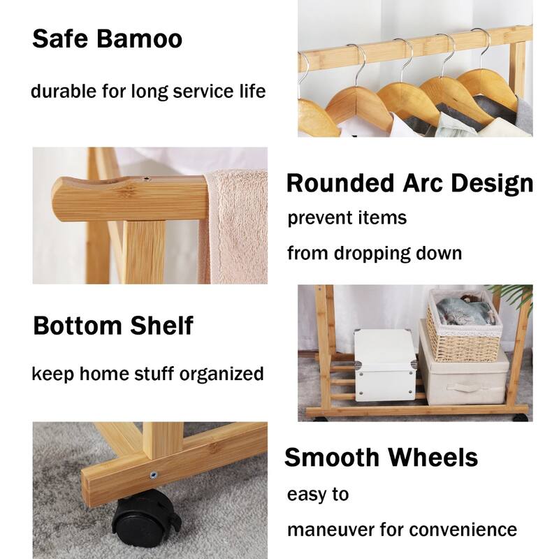 Clothes Rail Rack with Wheels and Wicker Storage Shelves - 31.5” x 15.7” x 63”